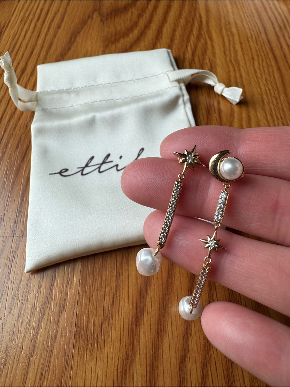 Ettika Gold Asymmetrical Celestial Pearl Drop Earrings